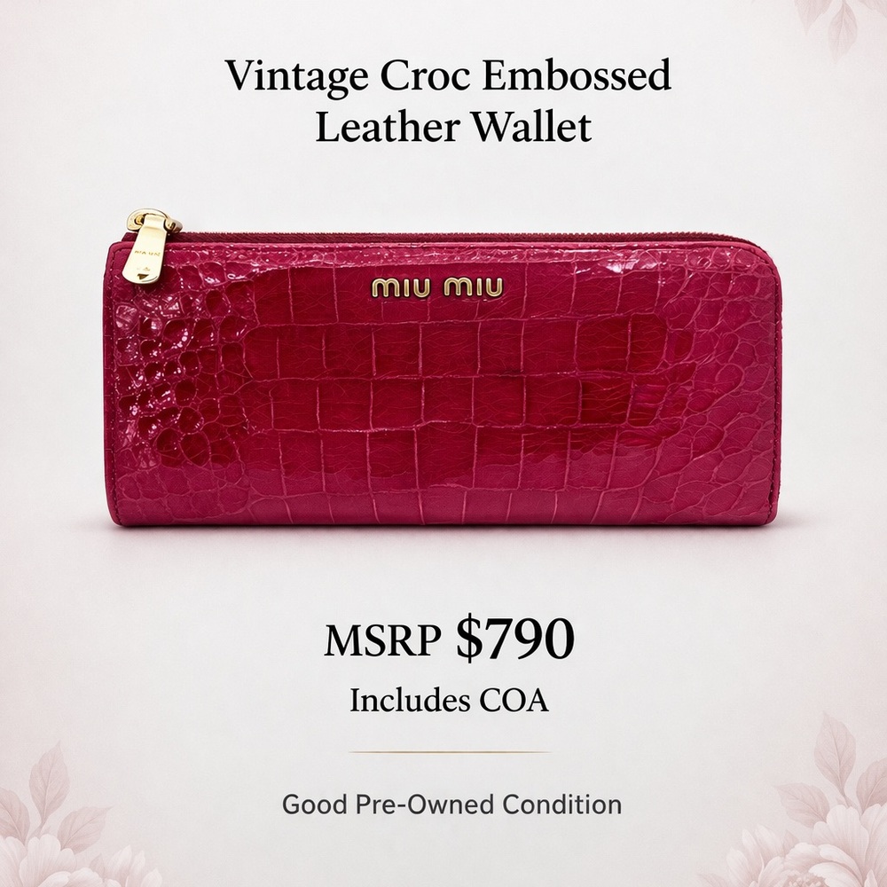 Miu Miu Vintage Croc Embossed Leather Zip Wallet Pink Gold COA